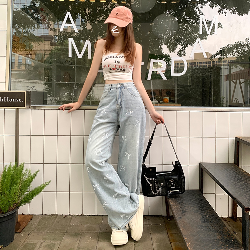 Straight pants printing bow pants summer loose jeans