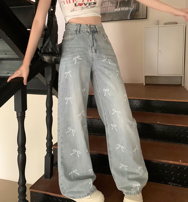 Straight pants printing bow pants summer loose jeans