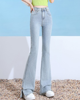 Elasticity slim jeans split light-blue pants