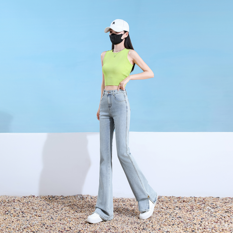 Elasticity slim jeans split light-blue pants