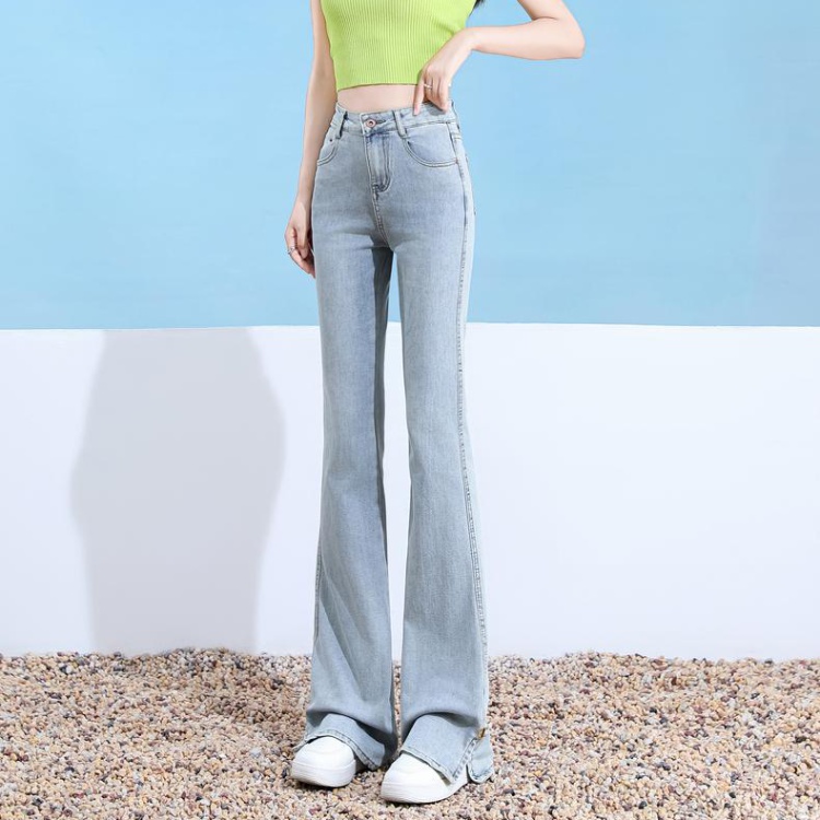 Elasticity slim jeans split light-blue pants