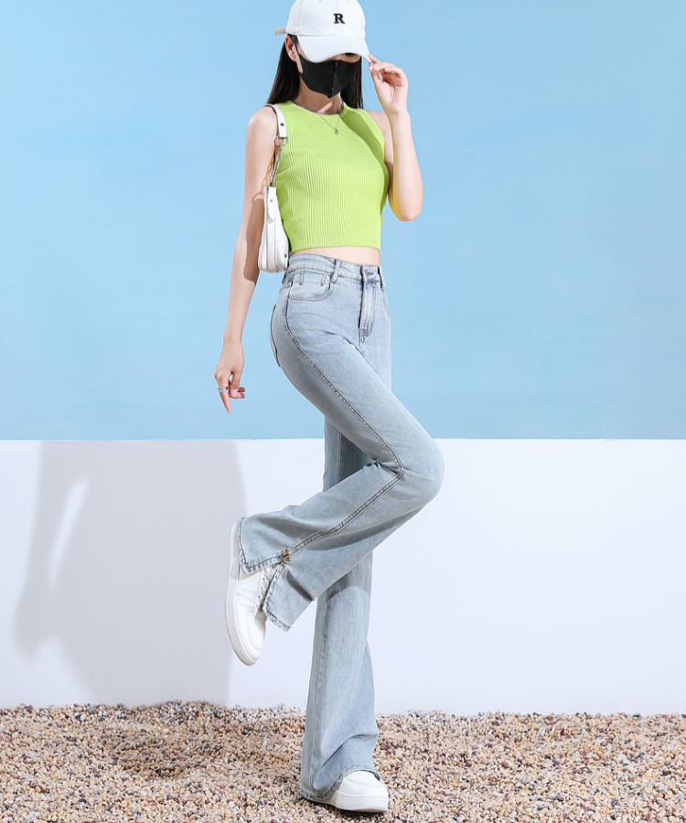 Elasticity slim jeans split light-blue pants