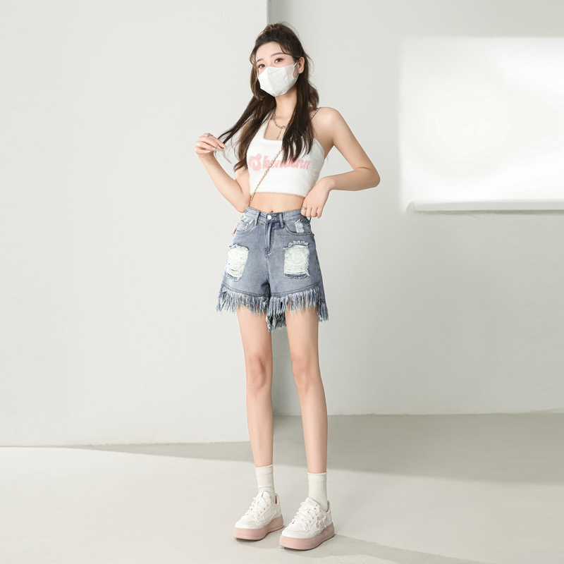 Wide leg high waist short jeans burr A-line shorts for women