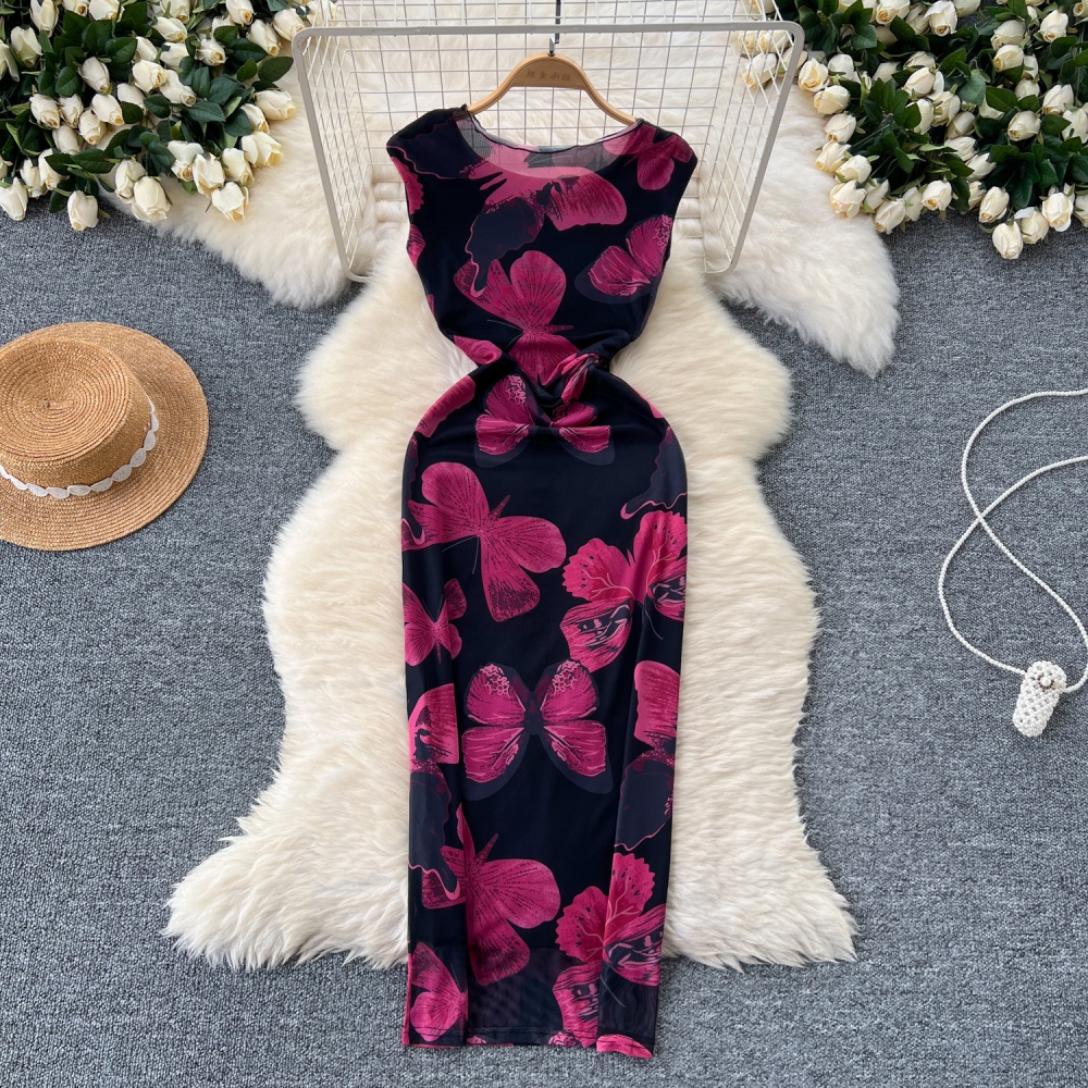 Summer butterfly printing round neck slim dress for women