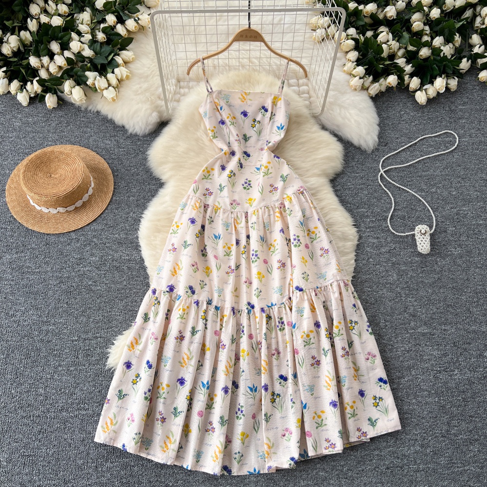 France style vacation lady sling high waist dress for women