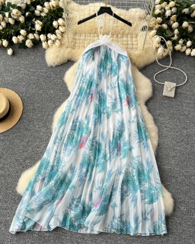 Printing pleated dress flowers long dress for women