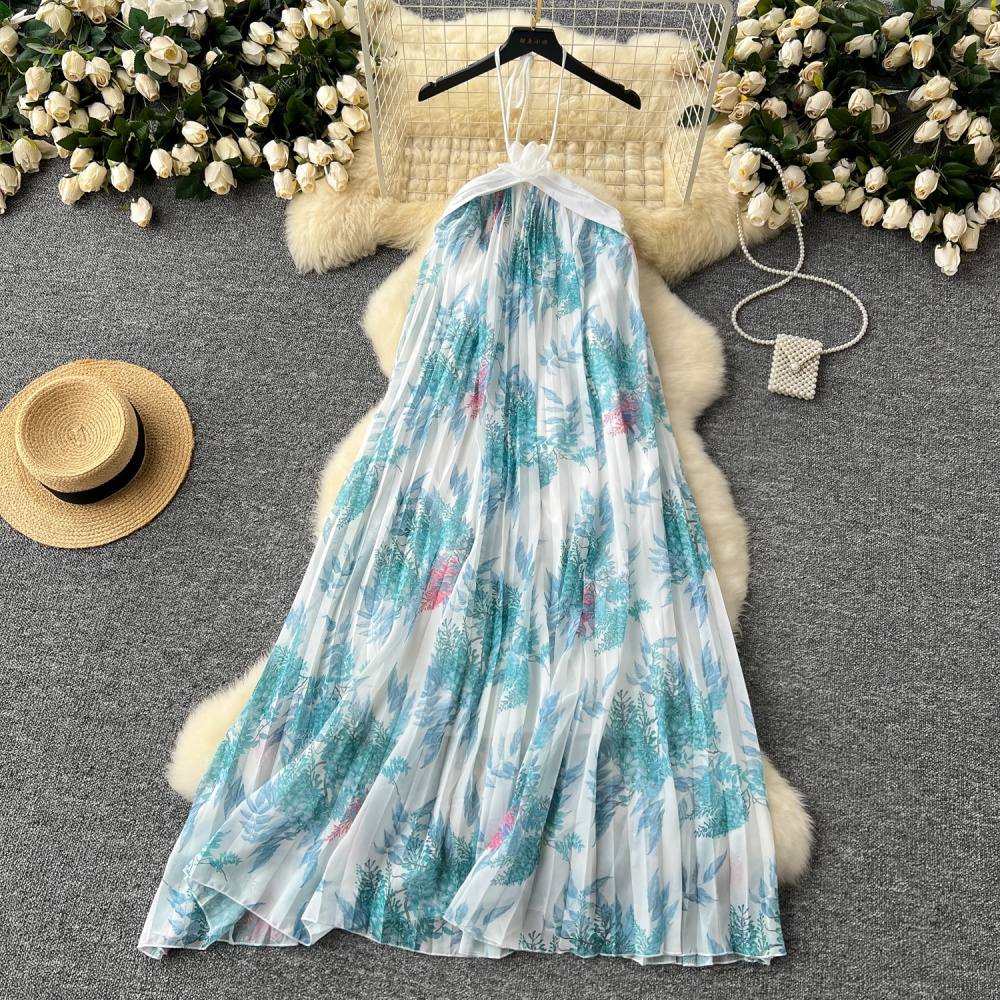 Printing pleated dress flowers long dress for women