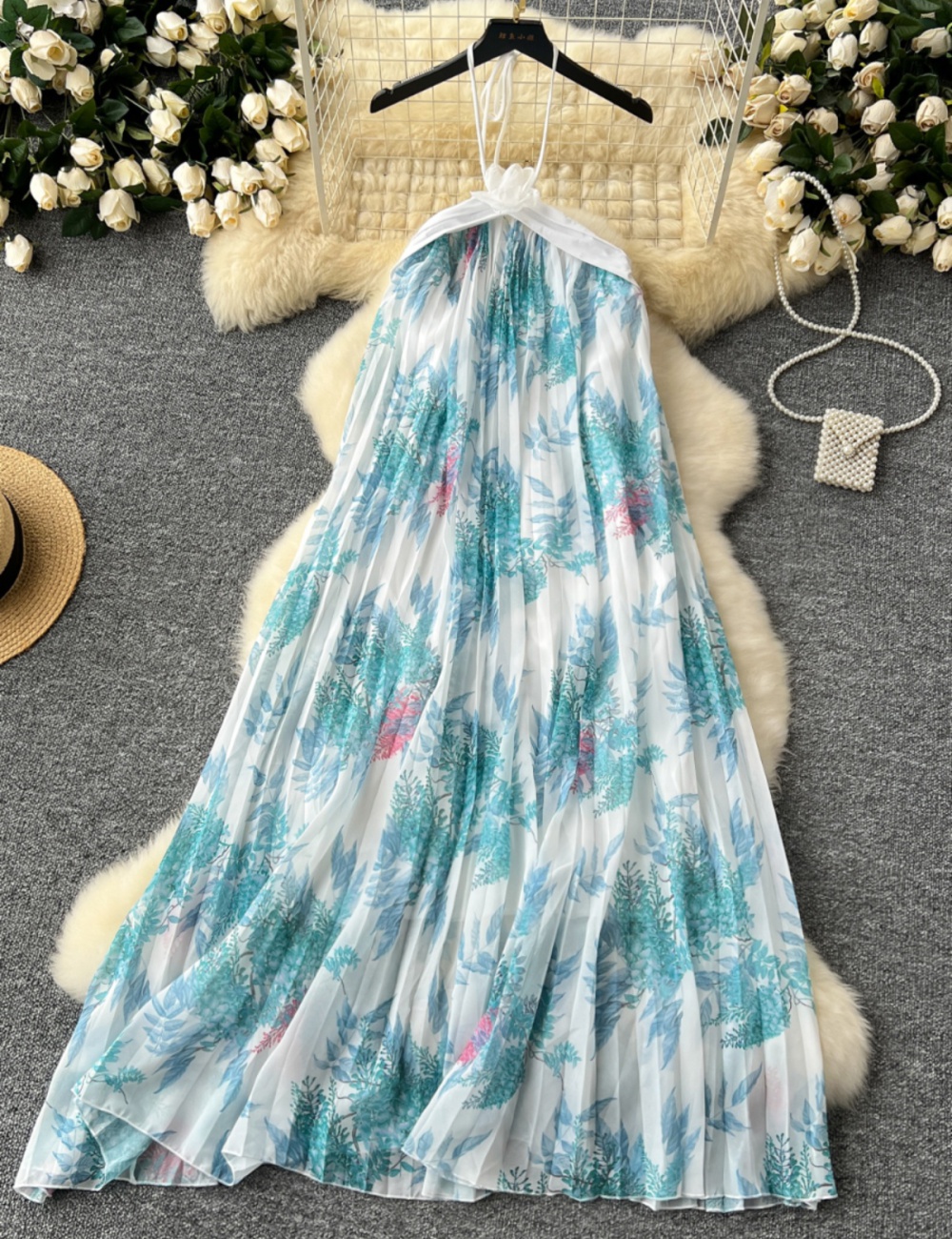 Printing pleated dress flowers long dress for women