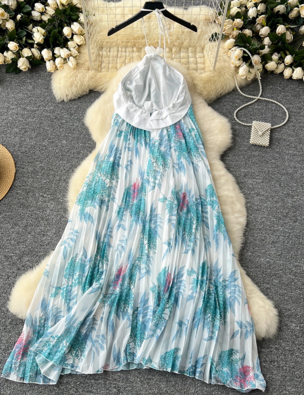 Printing pleated dress flowers long dress for women