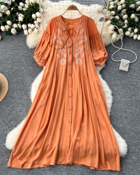 Lantern sleeve lazy long dress fat embroidery dress for women