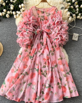 Long sleeve round neck long dress flowers printing dress