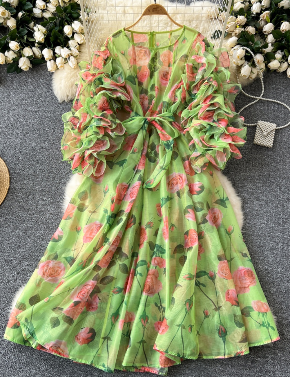 Long sleeve round neck long dress flowers printing dress