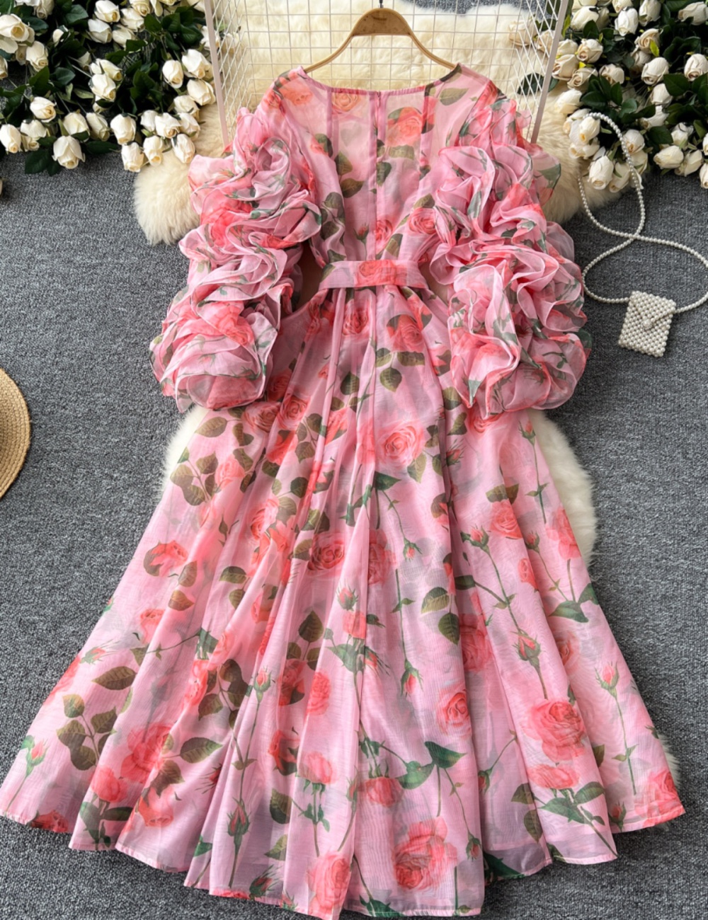 Long sleeve round neck long dress flowers printing dress