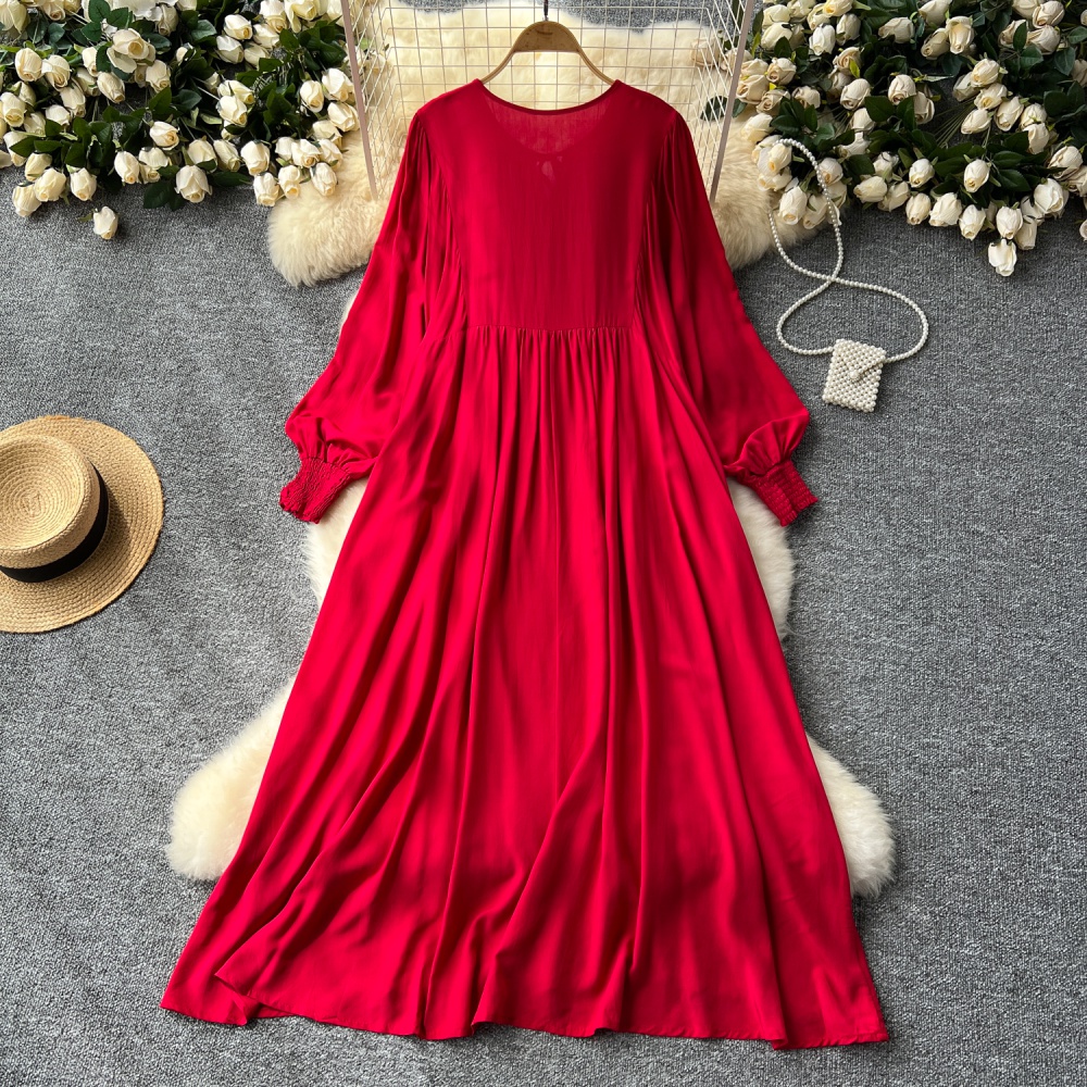 Round neck dress embroidery long dress for women