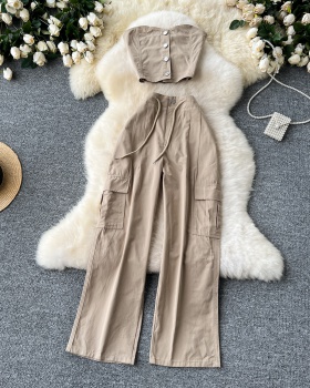 High waist vest single-breasted wide leg pants a set for women