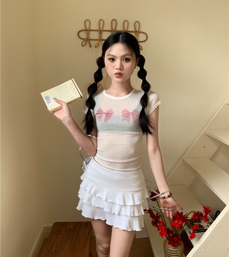 Round neck butterfly printing tight T-shirt