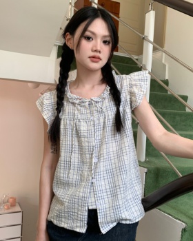 Bow lotus leaf edges boats sleeve tops loose plaid shirt