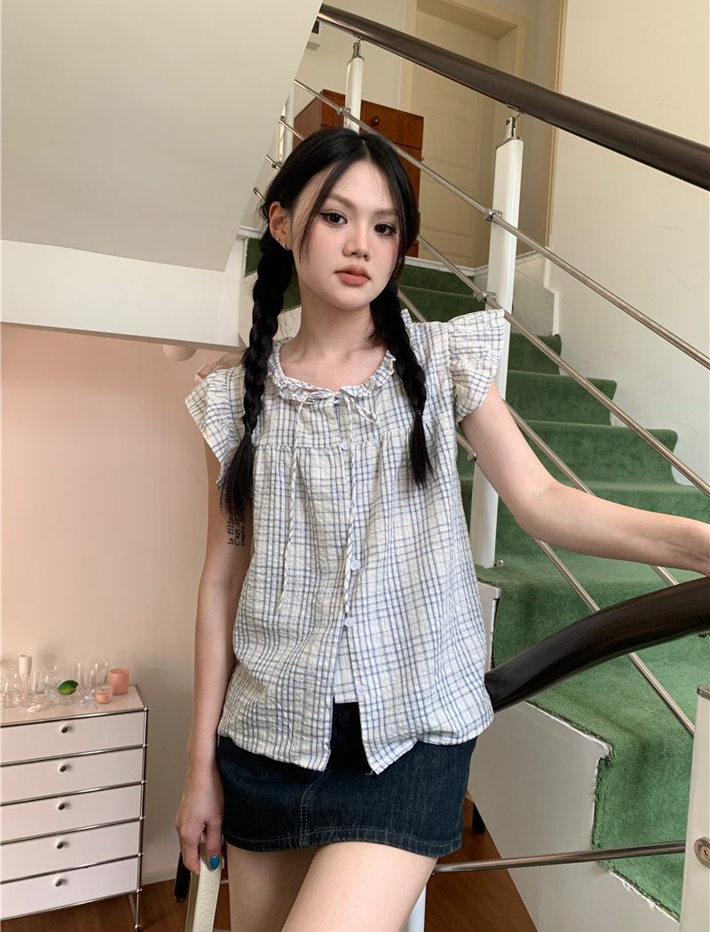 Bow lotus leaf edges boats sleeve tops loose plaid shirt