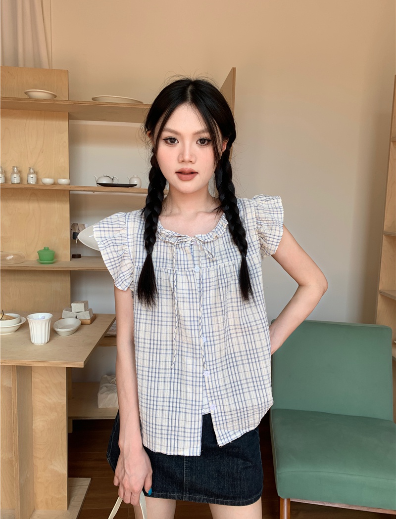 Bow lotus leaf edges boats sleeve tops loose plaid shirt