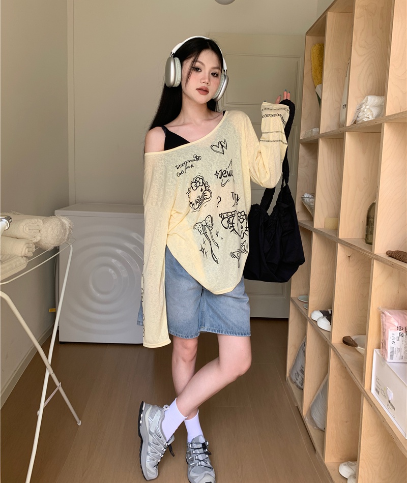 Lazy cartoon T-shirt loose sunscreen tops for women