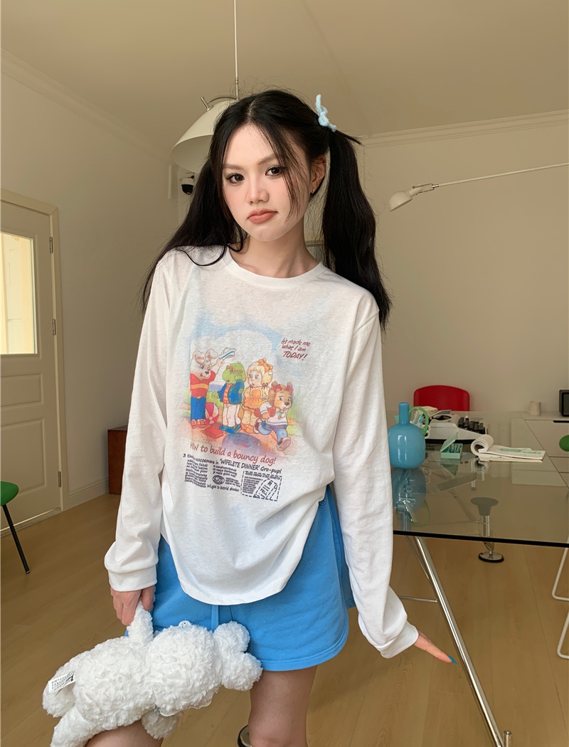 Long sleeve cartoon lovely round neck all-match T-shirt