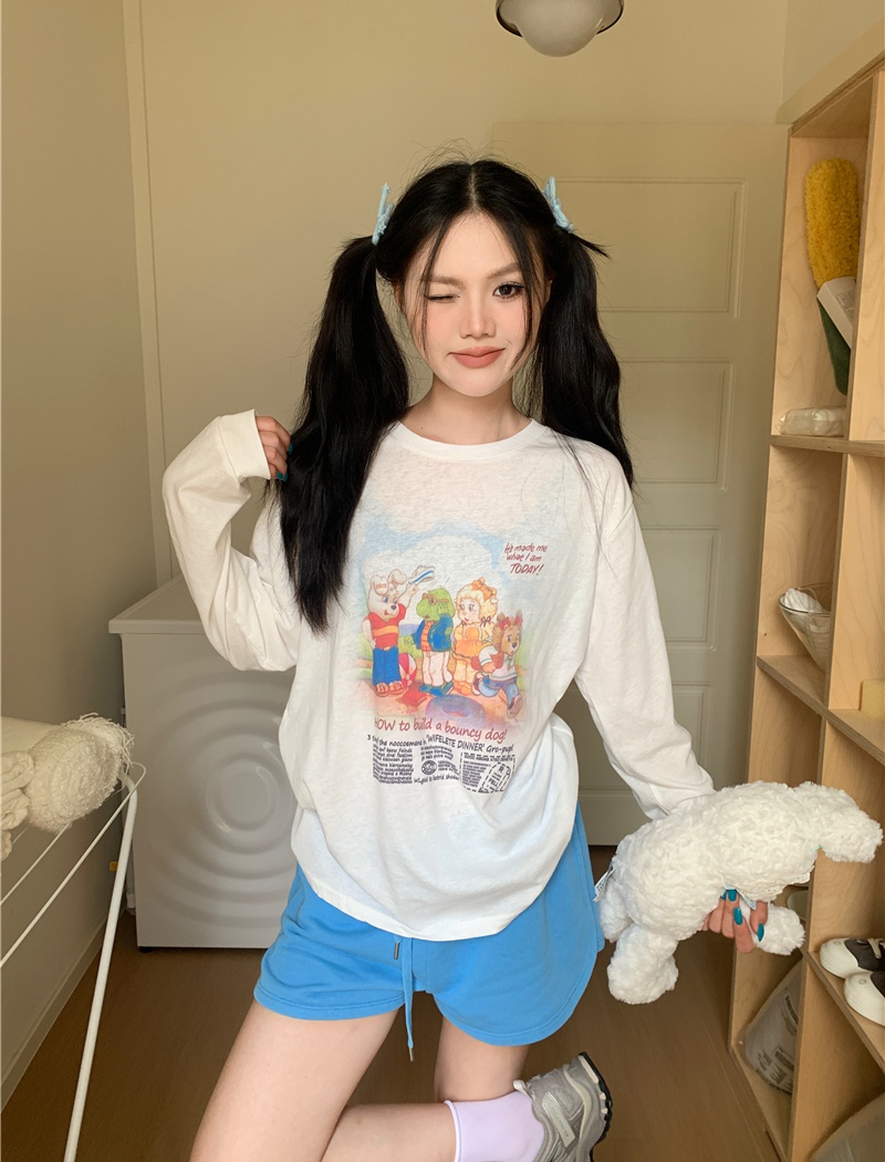 Long sleeve cartoon lovely round neck all-match T-shirt