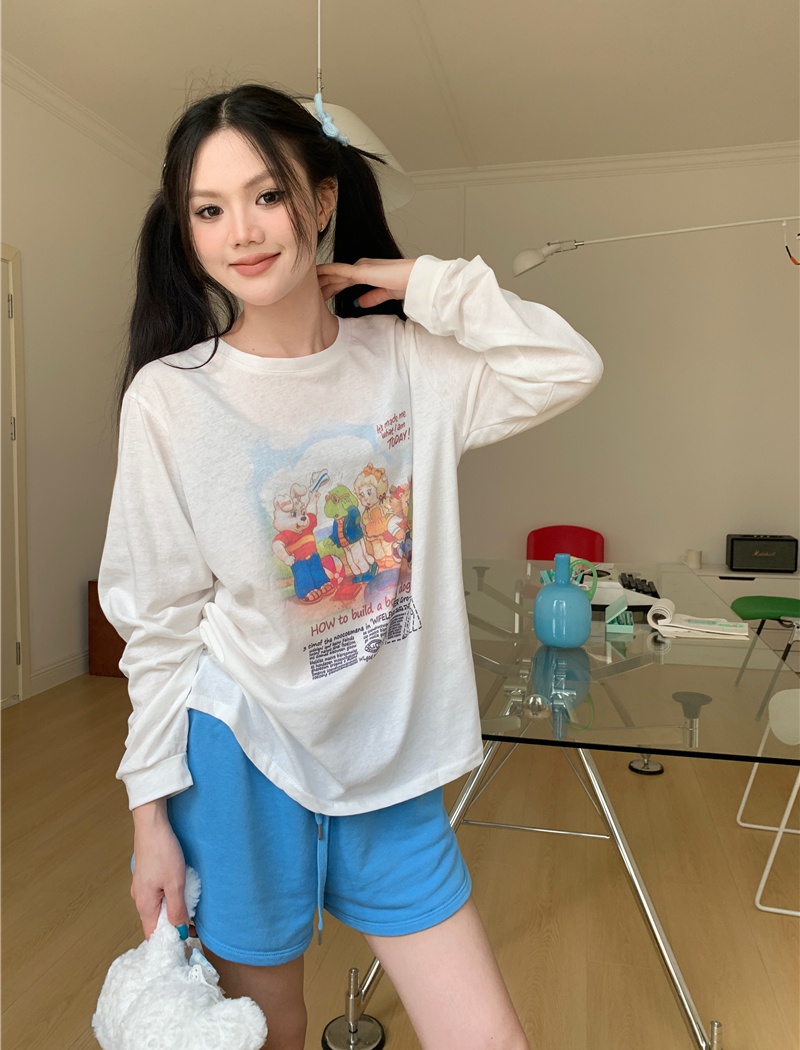 Long sleeve cartoon lovely round neck all-match T-shirt