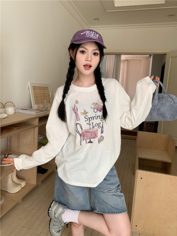 Casual long sleeve all-match round neck lovely T-shirt