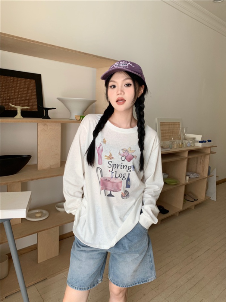 Casual long sleeve all-match round neck lovely T-shirt