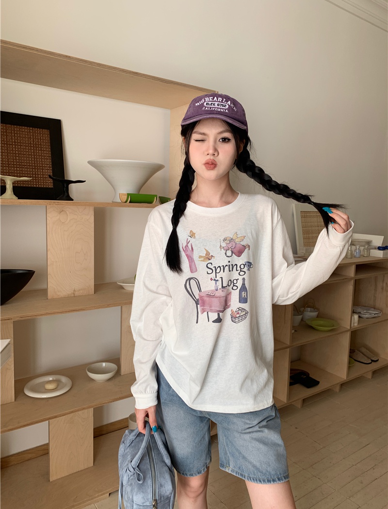 Casual long sleeve all-match round neck lovely T-shirt