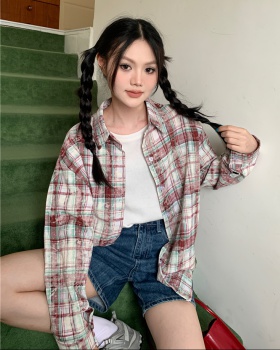 All-match loose plaid shirt washed long sleeve tops