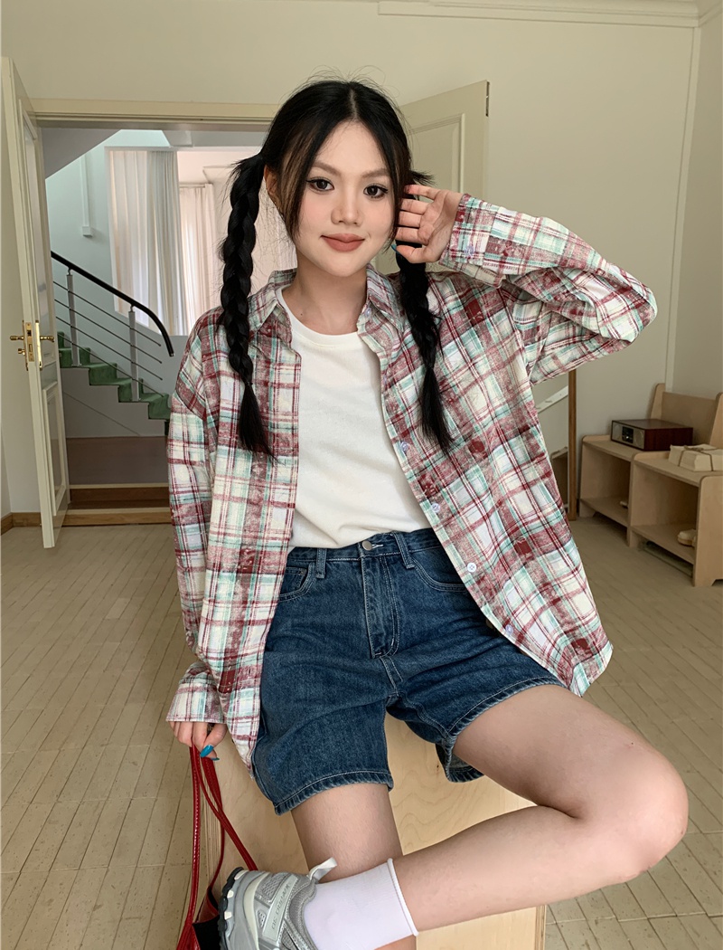 All-match loose plaid shirt washed long sleeve tops