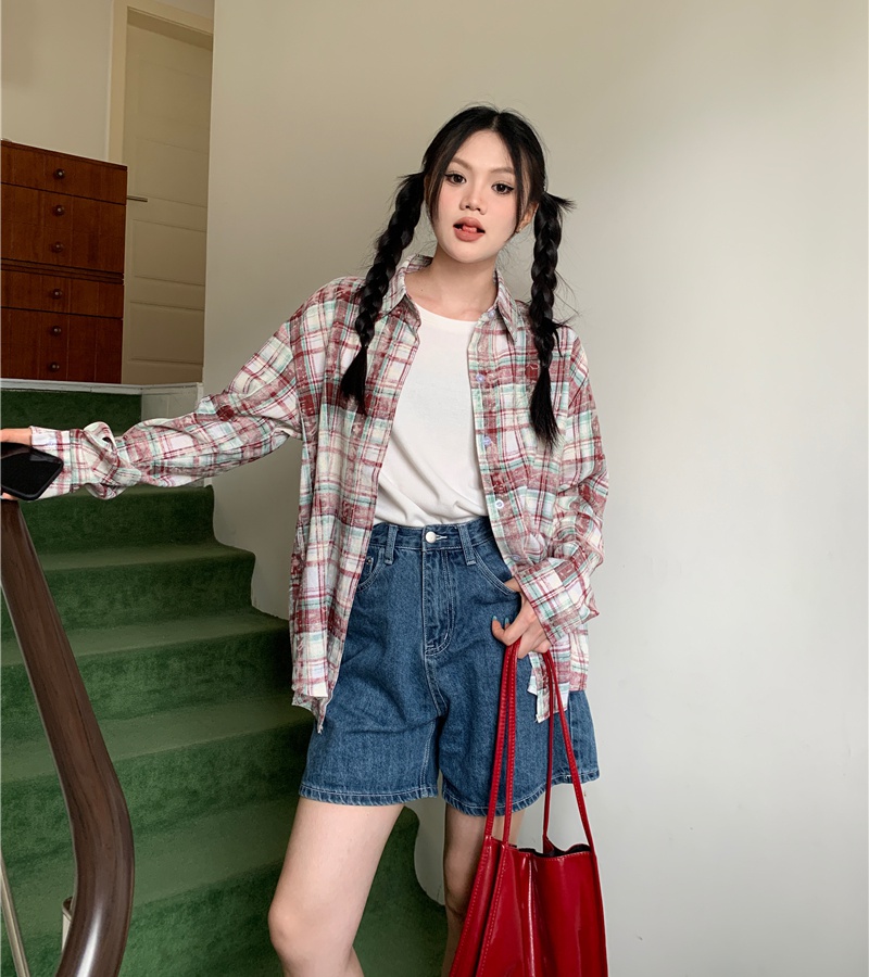 All-match loose plaid shirt washed long sleeve tops