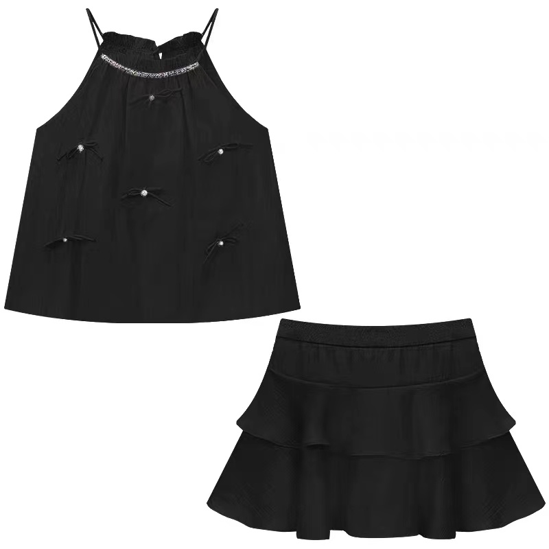 Bow buckle halter rhinestone high waist skirt 2pcs set