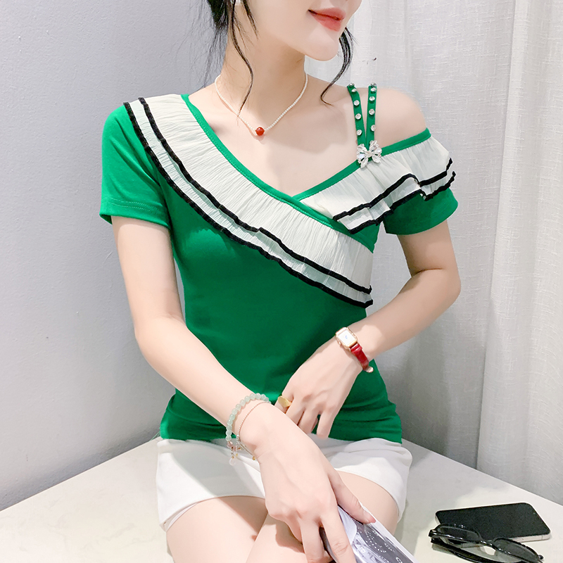 Mixed colors summer strapless tops sexy slim irregular T-shirt