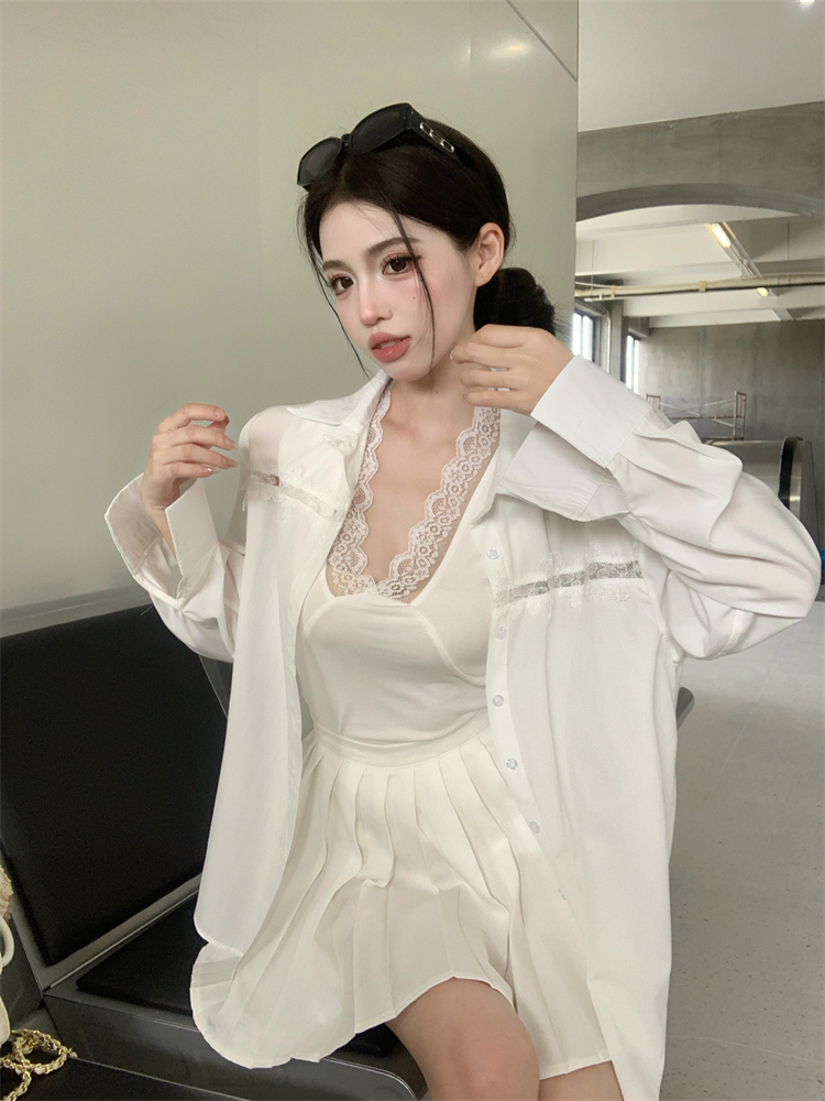 Loose lace white shirt pleated V-neck vest 3pcs set