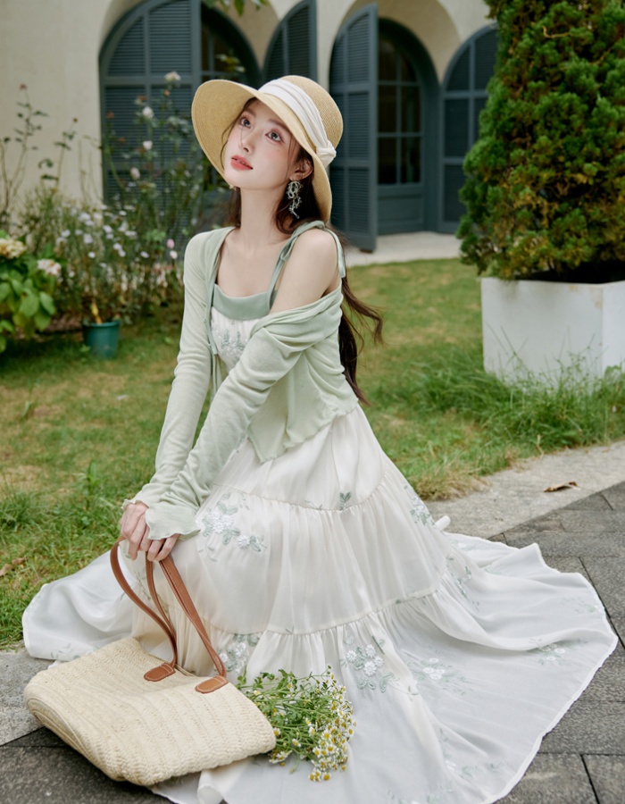 Sling embroidery dress 2pcs set