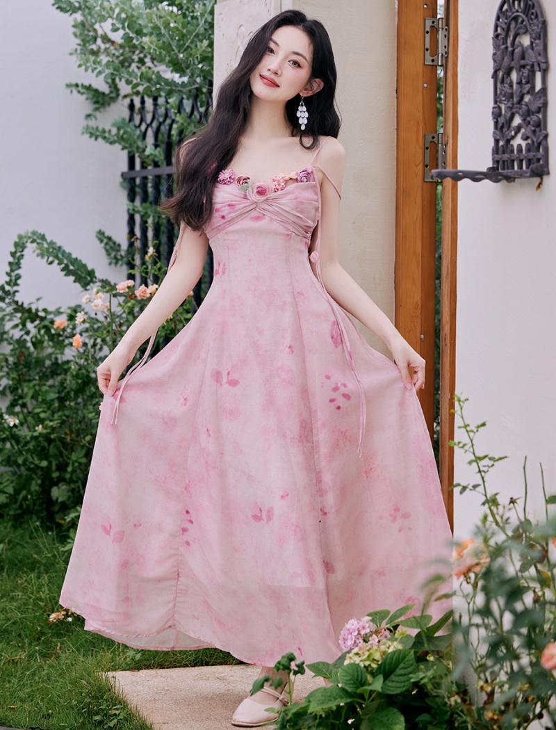 Vacation summer strap dress flowers dress 2pcs set