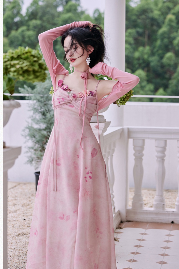 Vacation summer strap dress flowers dress 2pcs set