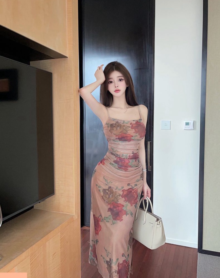 Gauze sexy sling summer fold retro printing dress for women