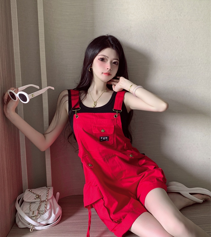 Wide leg summer red shorts cotton loose work clothing