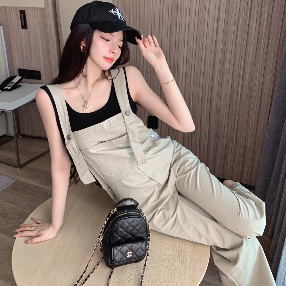 Summer khaki jumpsuit Korean style bib pants