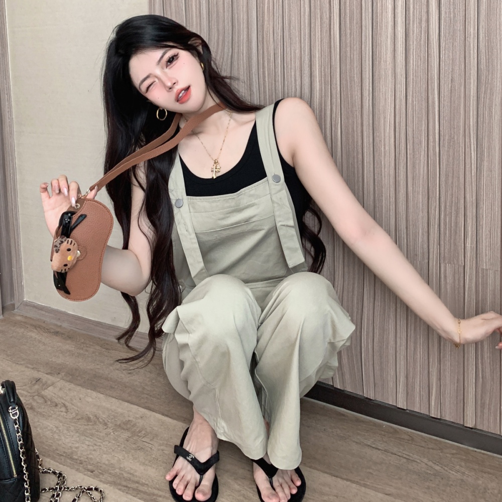 Summer khaki jumpsuit Korean style bib pants