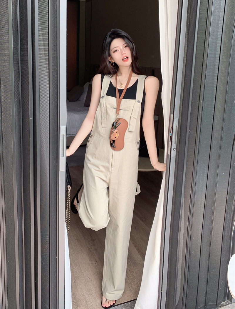 Summer khaki jumpsuit Korean style bib pants