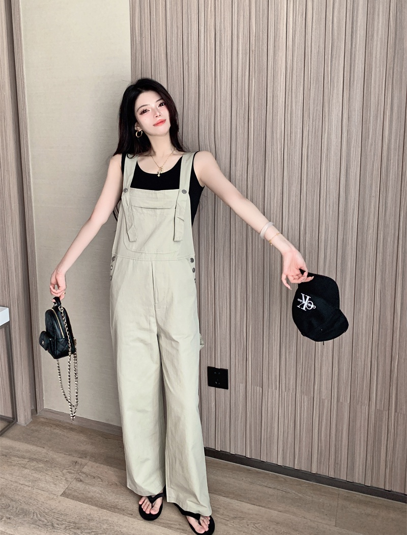 Summer khaki jumpsuit Korean style bib pants