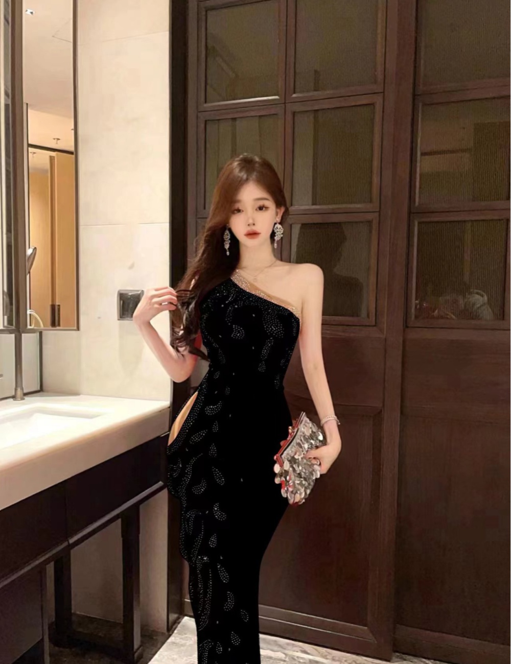 Sling European style irregular long sexy split dress