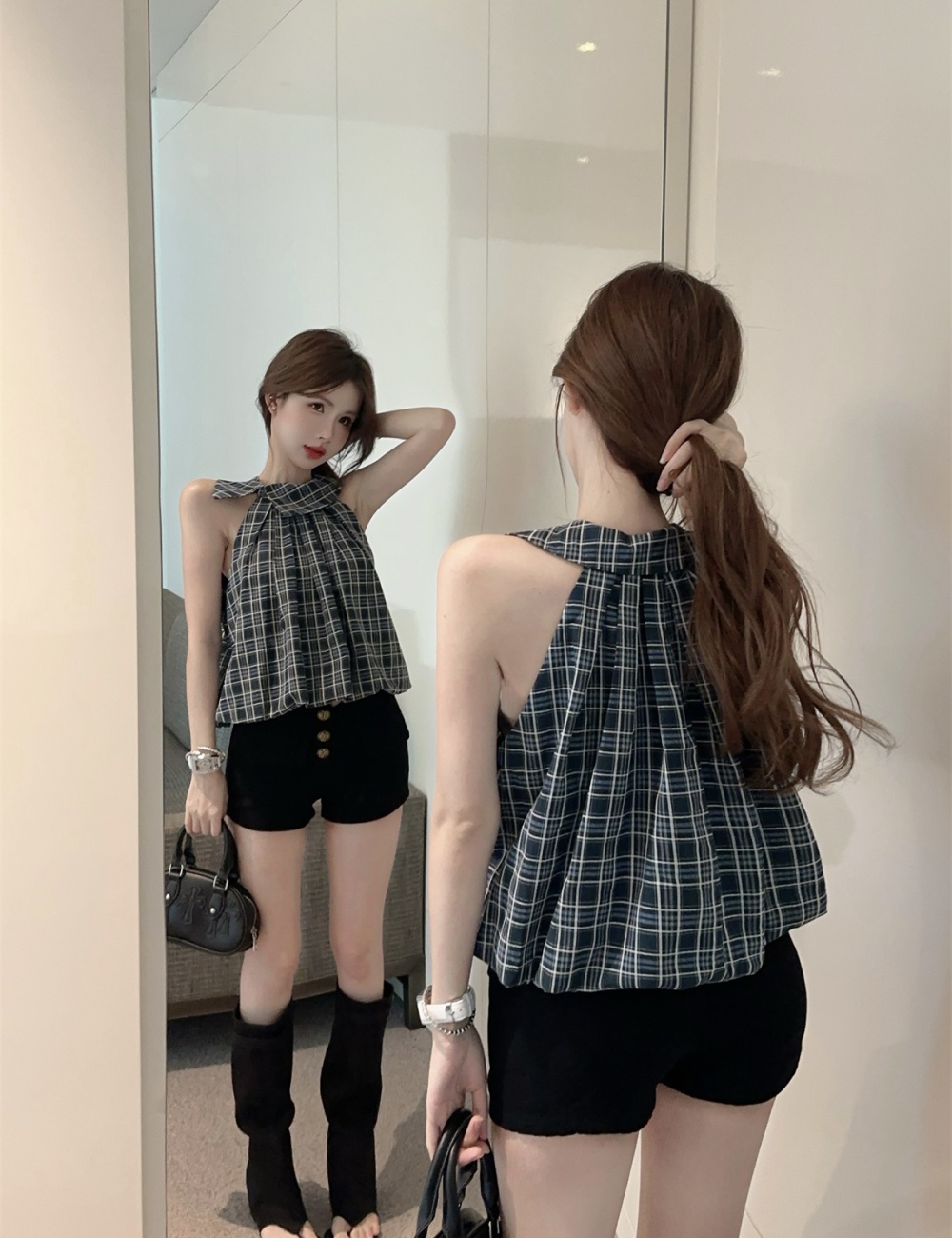 Plaid A-line tops strapless slim shirt for women