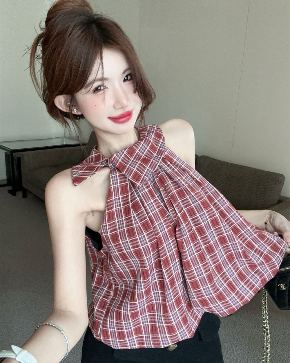 Plaid A-line tops strapless slim shirt for women