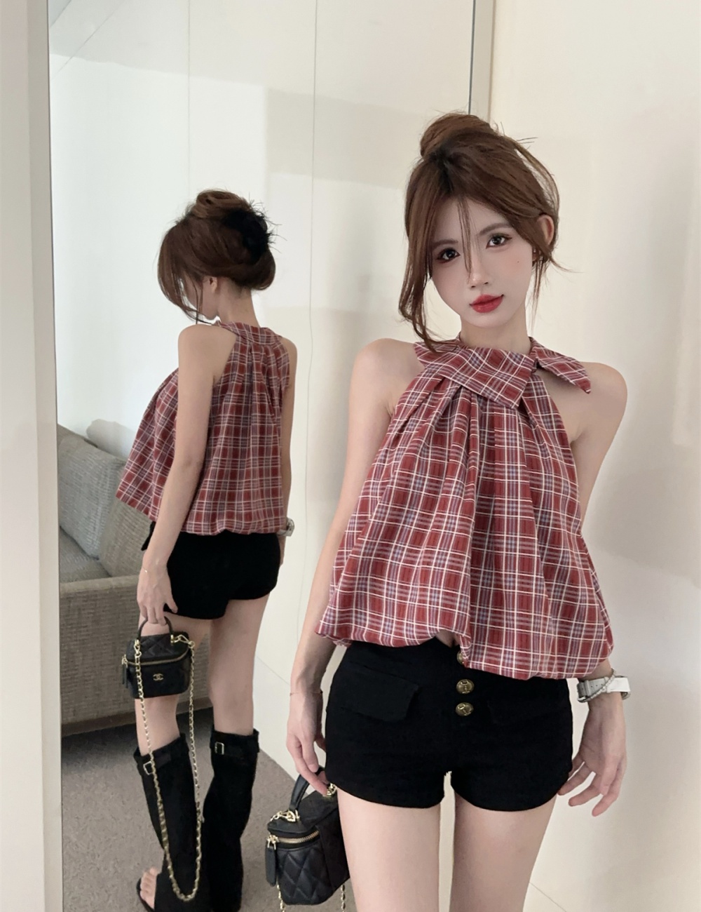 Plaid A-line tops strapless slim shirt for women