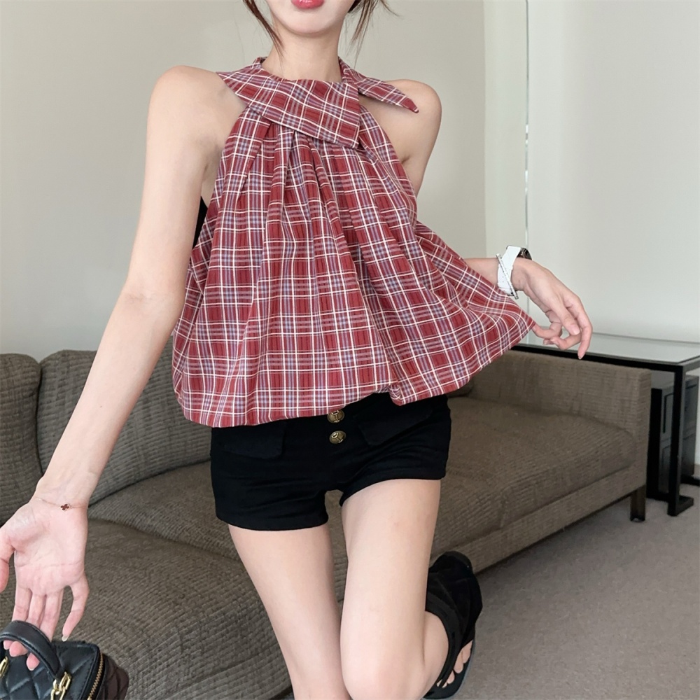 Plaid A-line tops strapless slim shirt for women